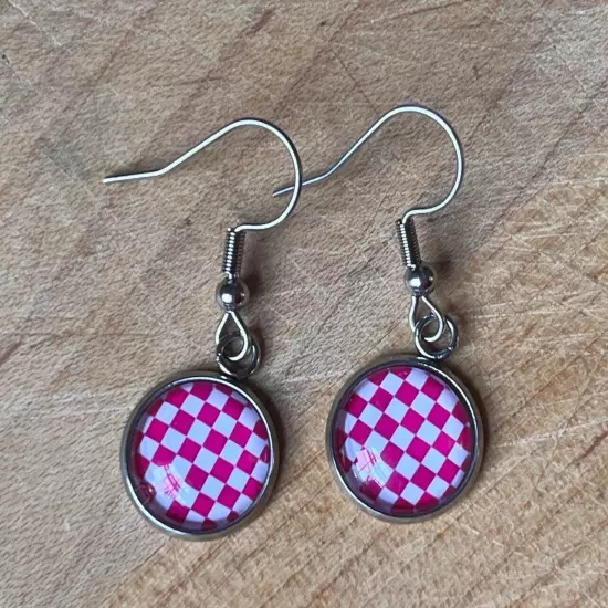 Pink Skater Punk Checkered Race Flag Dangle Earrings Jewelry Accessories