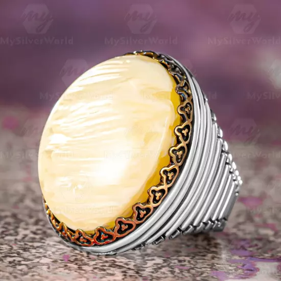 925 Sterling Silver Oval Mother of Pearl Stone Handmade Men's Ring