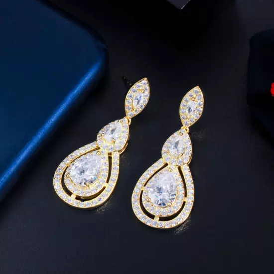 Elegant Rose Gold Plated Cubic Zirconia Dangle Drop Earrings Women Party Jewelry