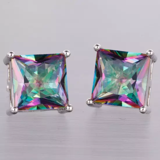 8x8 Princess Rainbow Mystic Topaz Silver Jewelry Women Stud Pierced Earrings