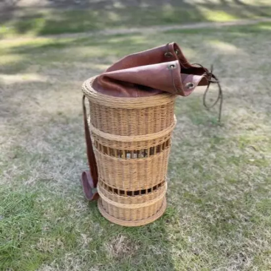 Vintage Wicker Golf Bag Decor Leather Strap & Pocket