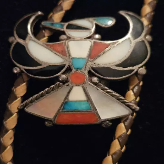 VTG SW Sterling Silver Thunderbird Bolo Tie Inlaid Turquoise Coral Onyx Bennett