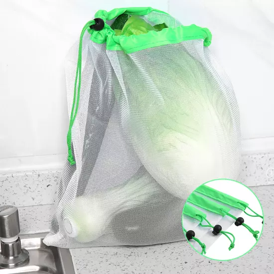 12Pcs Reusable Drawstring Mesh Bags Fruit Vegetable Sacks Storage Shopping