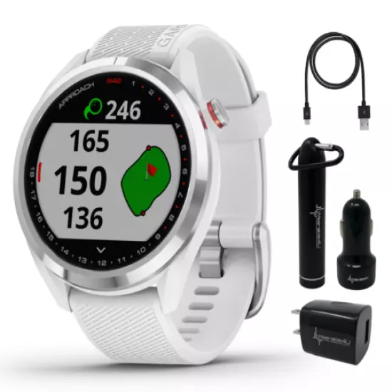 Garmin Approach S42 Premium Polished Silver GPS Golf Watch and Power Pack Bundle