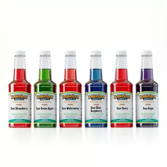 Shaved Ice Syrup Pint 6-pack, Sour Cherry, Sour Grape, Sour Blue Raspberry,