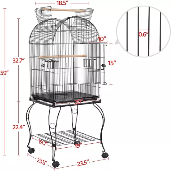 59-Inch Rolling Standing Medium Dome Open Top Bird Cage for Parrots Cockatiels S