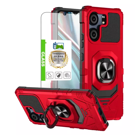 For BLU View 5 Case Shockproof Ring Stand Holder Phone Cover w/ Tempered Glass