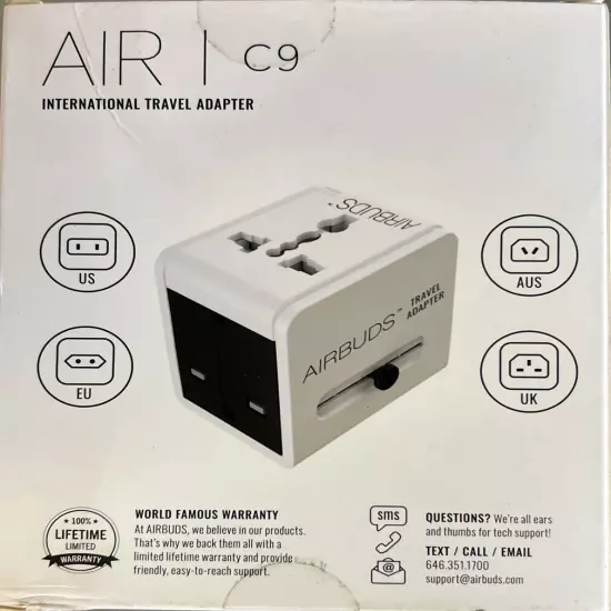 Air C9 International Travel Adaptor By Airbuds. 3 Ports Type C 2 USB