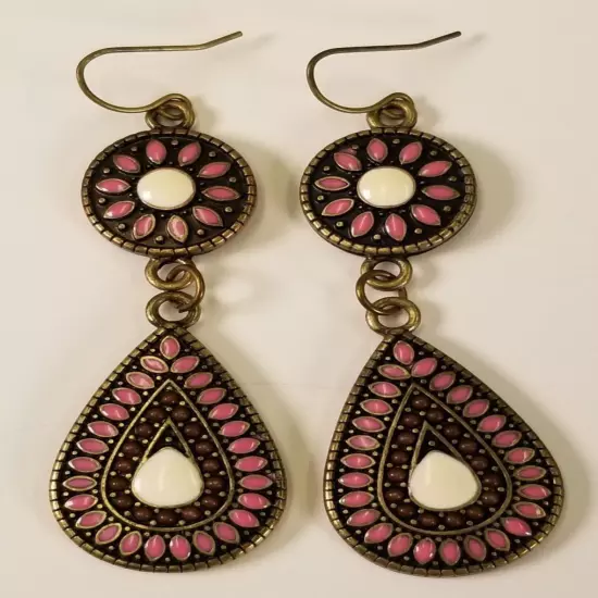 Enamel Dangle Drop Earrings Brass Tone Circle Teardrop French Wire Pink White