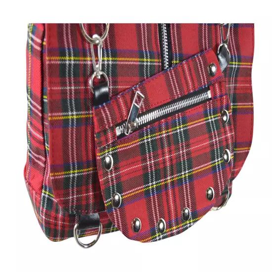 Lost Queen Red Tartan Plaid Crossbody Purse with Zippers and studs 