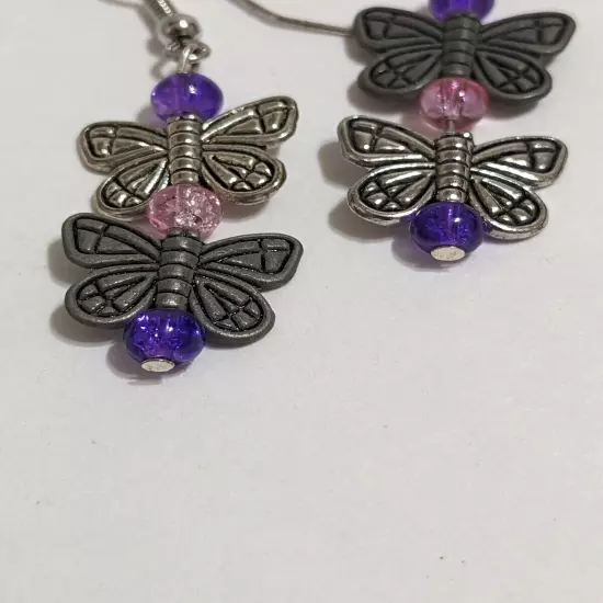 Silver Tone Hook/Dangle Butterfly Earrings With Acrylic Beads. Etched. Modern. 