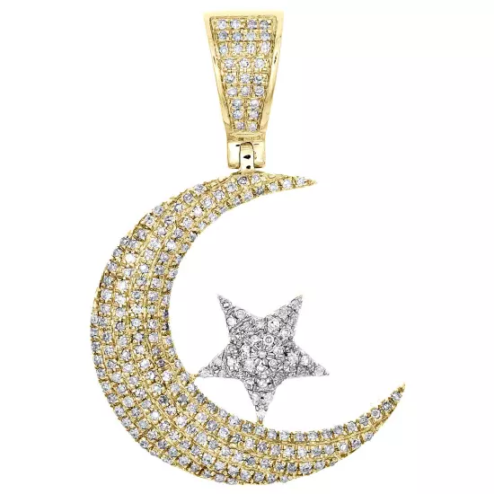 10K Yellow Gold Diamond Islamic Crescent Moon & Star Pendant 1.45" Charm 5/8 CT.