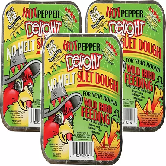 C & S Hot Pepper Delight No Melt Suet Dough Cake (3 Pack / 11.75 Oz Each)