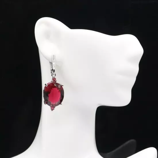 Fantastic Oval Gemstone Raspberry Rhodolite Garnet CZ Silver Earrings 