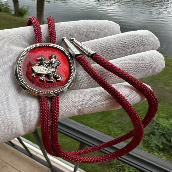 Vintage Western Silver Tone With Red Resin Bolo Tie