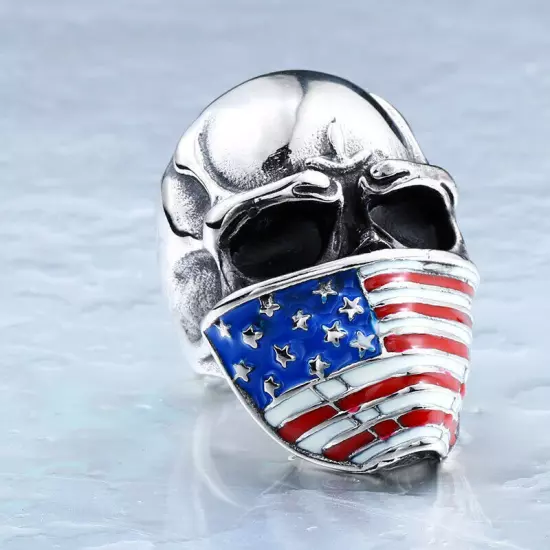 Patriot Skeleton US Flag Mask Skull Ring Stainless Steel Gothic Punk Biker Ring