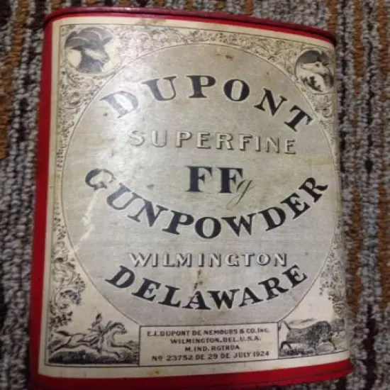  DUPONT GUNPOWDER CAN SUPERFINE FF 1924 WILMINGTON DELAWARE TIN CAN