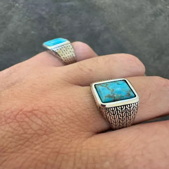 Blue Turquoise Mens Real Solid 925 Silver Navajo Native American Inspired Ring