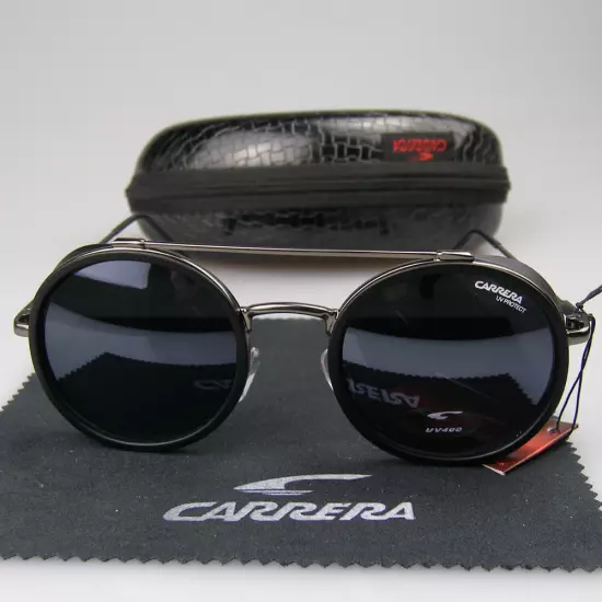 Men Women Retro Sunglasses Matte Black Metal Round Frame Carrera Glasses+Box C39