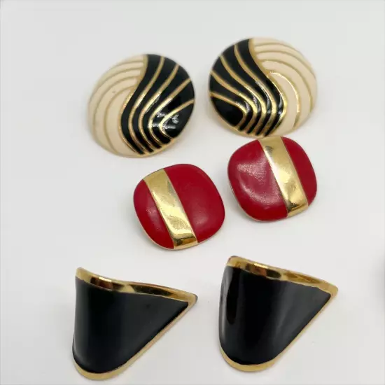 Lot of 8 Vintage Metal and Enamel Pierced Earrings Gold, Silver, Red, Black