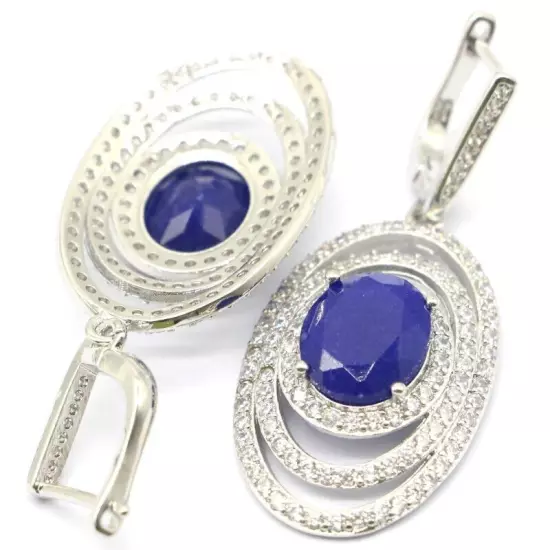 Beautiful Blue Sapphire White CZ For Women Daily Wear Silver Earrings 