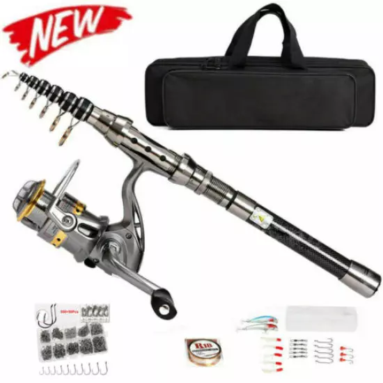 New Carbon Fiber Telescopic Fishing Rod Sea Saltwater Portable Spinning Pole Kit