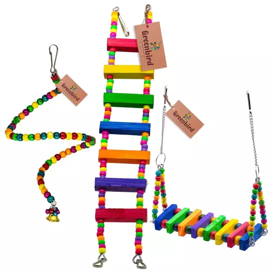 Combo of 3 Bird Toys Spiral Hanging Wooden Swing & Ladder for Bird & Parrot