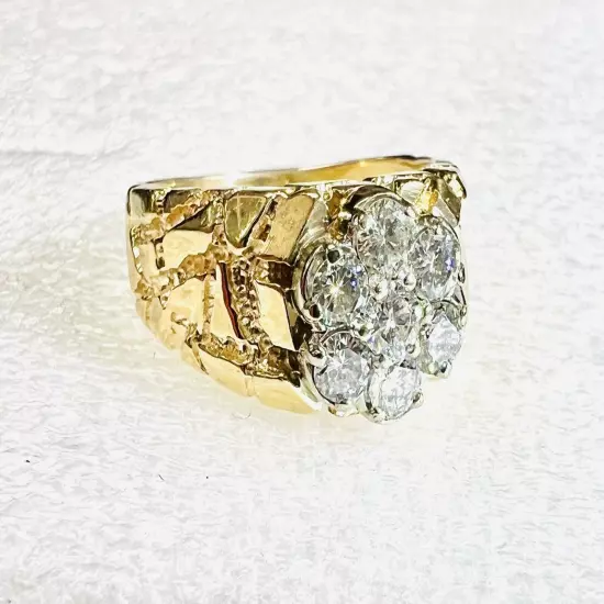 14K Solid Yellow Gold 1 TCW. Diamond Ring Nugget Mens Ring Size 10.5