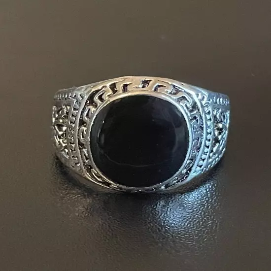 Natural Oval Black Obsidian Stone S925 Silver Plated Men Statement Ring Size 9.5