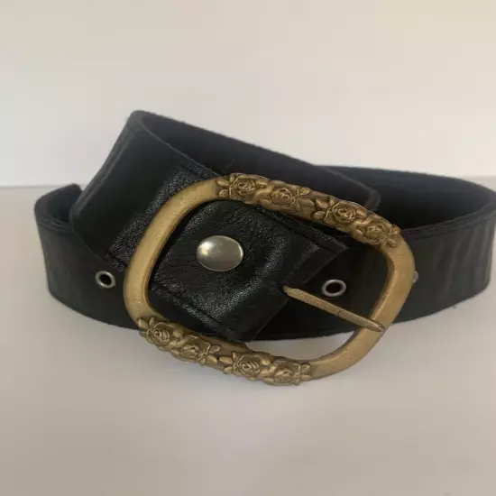 Leather/Fabric Studded Women’s Black Belt Gold Floral Buckle Size 30