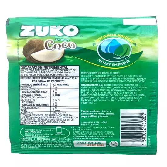 12-Pk ZUKO Coco/ Coconut ZUKO Powder Drink Flavor 13g/.45oz