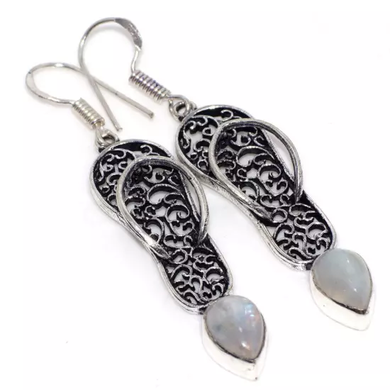 Rainbow Moonstone 925 Silver Plated Gemstone Earrings 2.3" Gift Jewelry GW