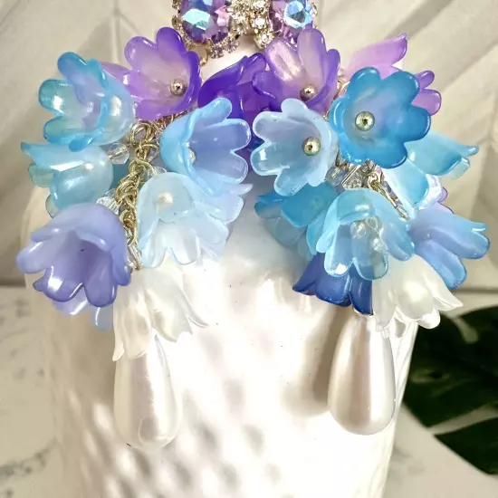 Purple & Blue Lily Flower Drop Earrings Fairycore Acrylic Rhinestone Boho NEW