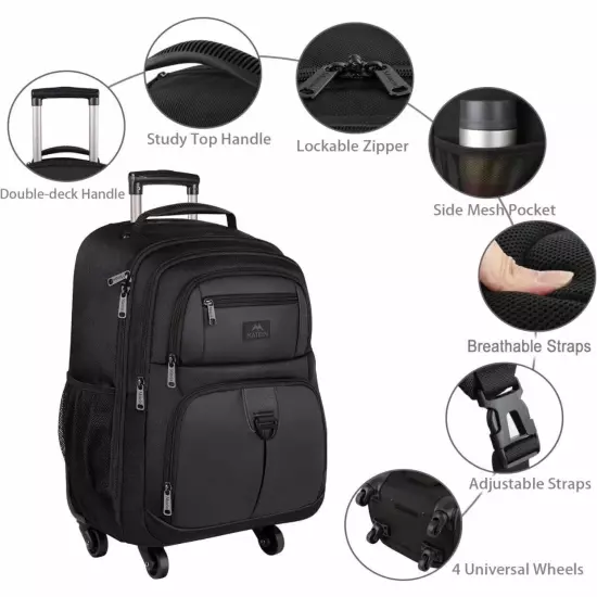 MATEIN Rolling Backpack w/ 4 Wheels, 17 inch Roller Travel Laptop Backpack Black