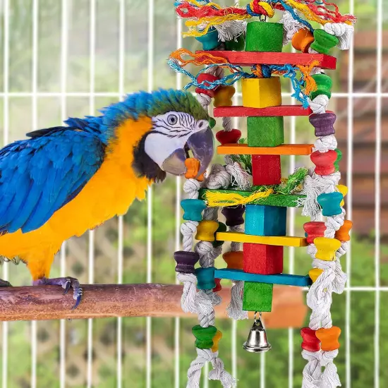 Large Bird Toys - Natural Wooden Parrot Chewing Toys with Edible Colored Blocks 