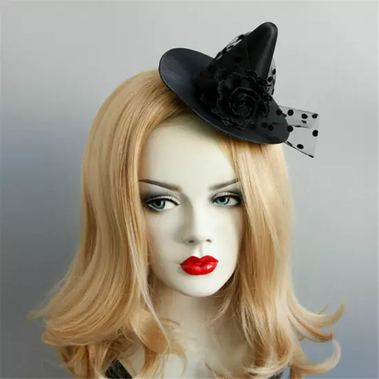 Gothic Women Fascinator Black Floral Mini Witch Hat Clips Masquerade Headwear