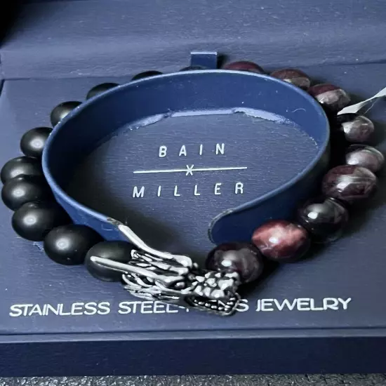 Bain Miller Bracelet Gunmetal Dragon Head Tiger Eye Beads Stretch Brown Black