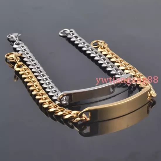 8/10/15mm Silver/Gold 316L Stainless Steel Curb ID Chain Bracelet Mens Jewelry