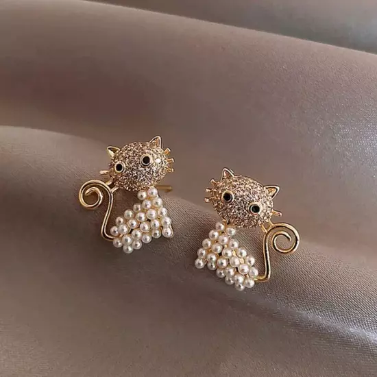 Cat Stud Rhinestone and Pearl Earrings Gold Tone, Mid Century Modern Style