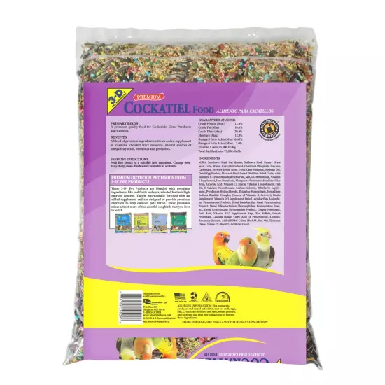 3-D Pet Products Premium Cockatiel Mix Bird Food Seeds, with Probiotics, 9 lb