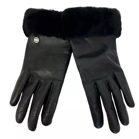 UGG Touchscreen Black Leather Gloves w/ Genuine Shearling Trim Size S