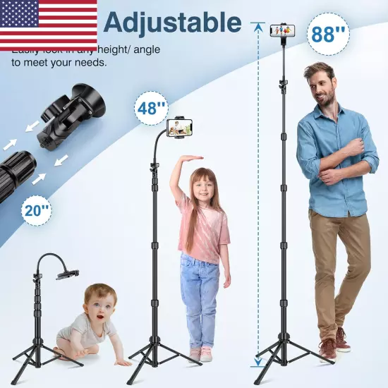 88" Tripod for Iphone, Phone Tripod with Gooseneck and Remote, Portable Cell Ph