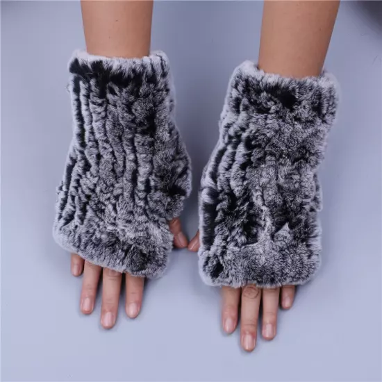 Real Rex Rabbit Fur Women's Gloves Mittens Girl Fingerless Wrist Warmer Elastic