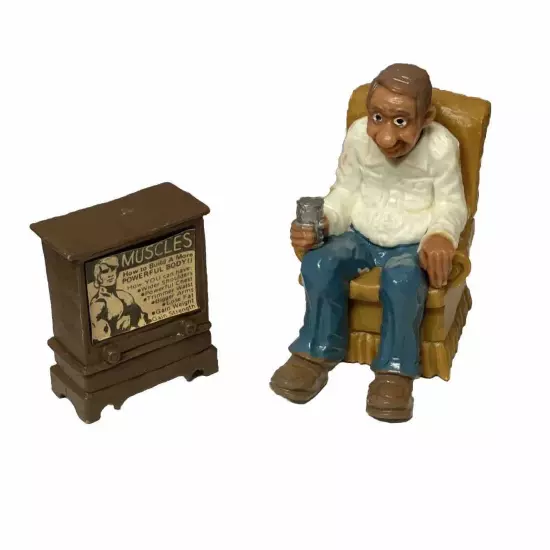 Vtg 1979 Wilton Cake Topper Dollhouse Retirement Old Man Chair Beer Muscles TV