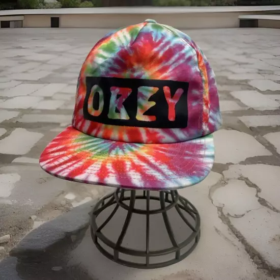 OBEY Tie Dye Cap Hat Five Panel Large Letters Logo Street Strap Back Flat Brim