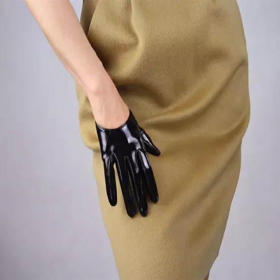 LATEX GLOVES Shine Leather Faux Patent Vegan PU 8" 21cm Short Basic Shine Black