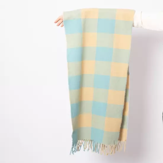 MAX MARA Lambswool Scarf Long Plaid Beige and Light Blue Winter Scarf Soft Scarf