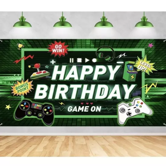 Video Game Happy Birthday Fabric Backdrop Game on Party, 42”X 70” Green/Black