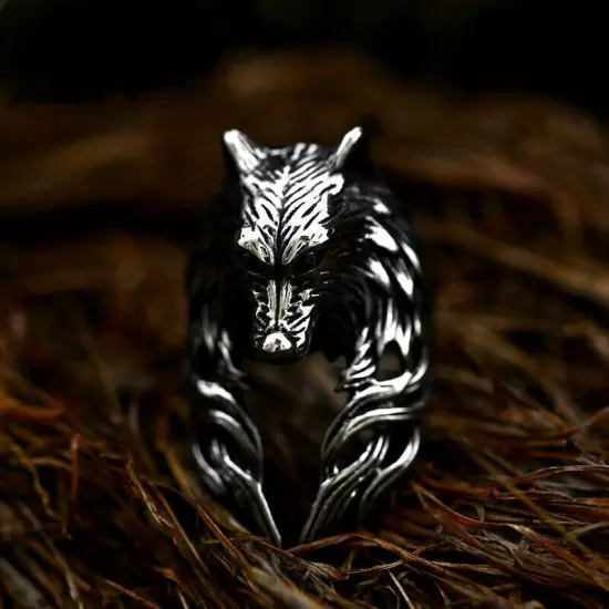 Vintage Loyal Wolf Watcher Ring Stainless Steel Viking Direwolf Biker Punk Ring