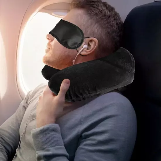 Inflatable Air Travel Pillow Airplane Office Nap Rest Neck Head Ear Plugs Mask